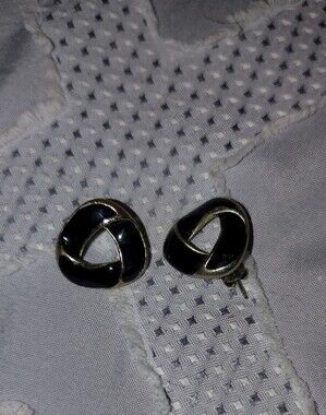 Vintage Trifari Gold Tone Black Enamel Signed Earrings